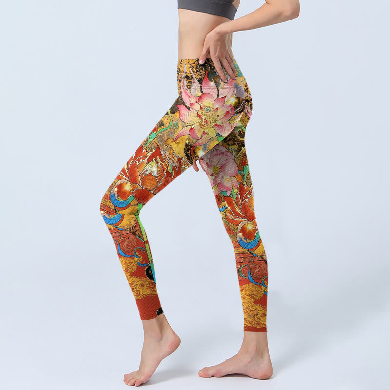 Leggings de yoga para mujer con estampado de nubes de loto y peces koi y Buddha Stones - image 2