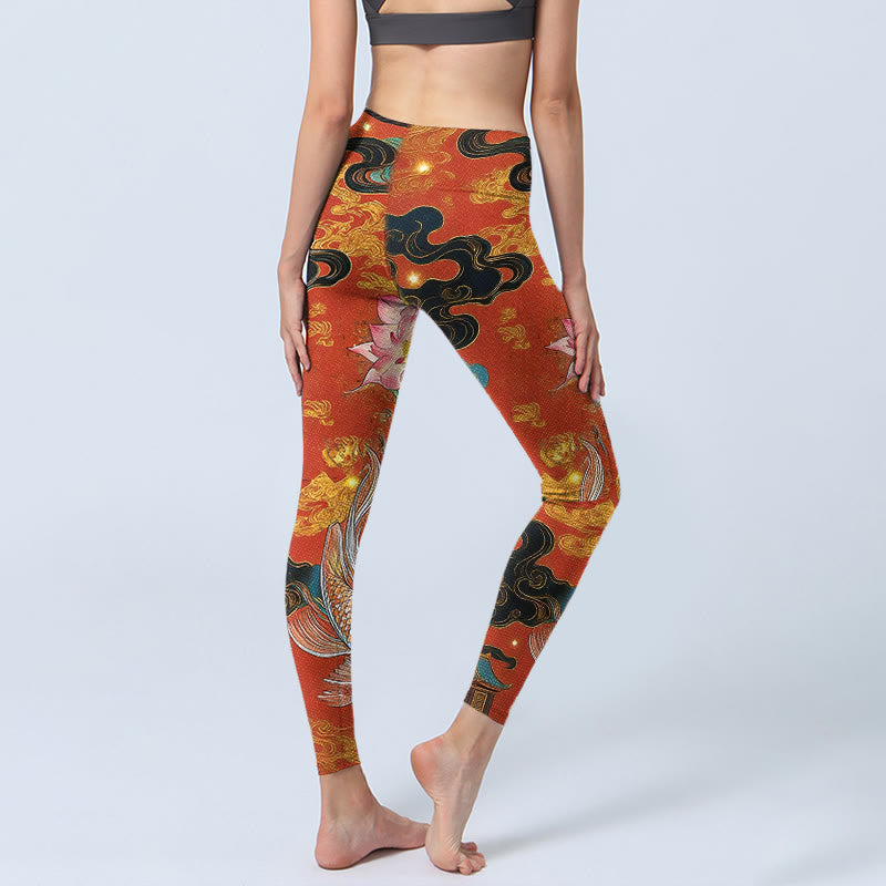Leggings de yoga para mujer con estampado de nubes de loto y peces koi y Buddha Stones - image 4