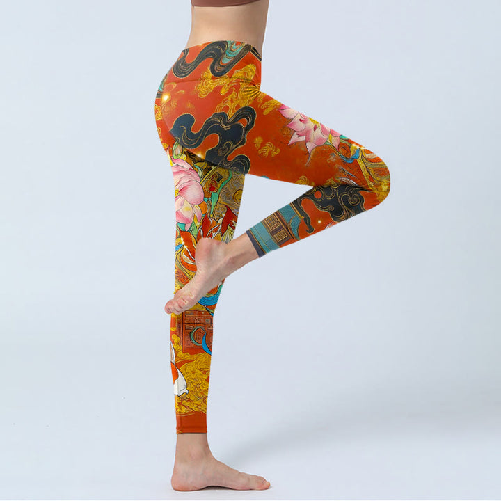 Leggings de yoga para mujer con estampado de nubes de loto y peces koi y Buddha Stones - image 3