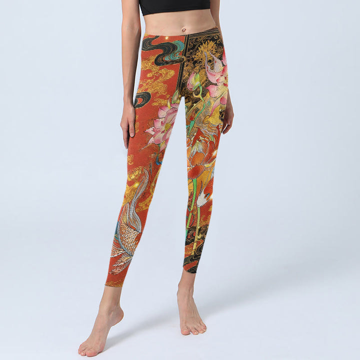 Leggings de yoga para mujer con estampado de nubes de loto y peces koi y Buddha Stones - image 5