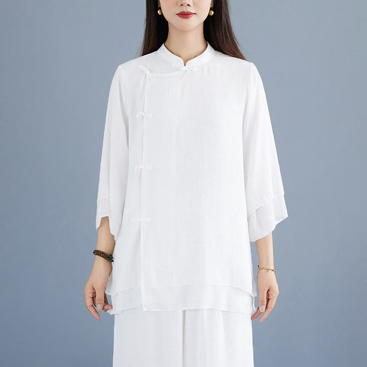 Conjunto de 2 piezas de camisa de manga tres cuartos con botones de rana, pantalones anchos y Buddha Stones para mujer, ropa zen de meditación, color blanco liso - image 7