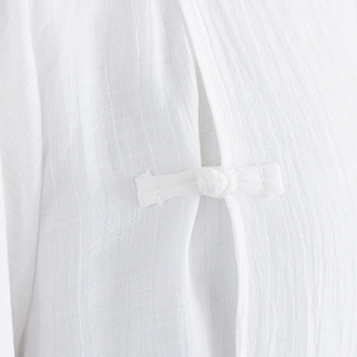 Conjunto de 2 piezas de camisa de manga tres cuartos con botones de rana, pantalones anchos y Buddha Stones para mujer, ropa zen de meditación, color blanco liso - image 12