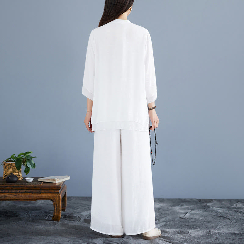 Conjunto de 2 piezas de camisa de manga tres cuartos con botones de rana, pantalones anchos y Buddha Stones para mujer, ropa zen de meditación, color blanco liso - image 3