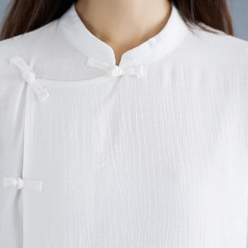 Conjunto de 2 piezas de camisa de manga tres cuartos con botones de rana, pantalones anchos y Buddha Stones para mujer, ropa zen de meditación, color blanco liso - image 10