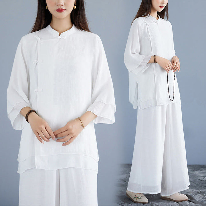 Conjunto de 2 piezas de camisa de manga tres cuartos con botones de rana, pantalones anchos y Buddha Stones para mujer, ropa zen de meditación, color blanco liso - image 8