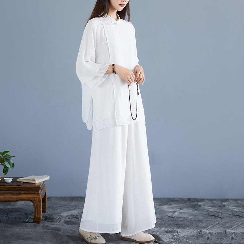 Conjunto de 2 piezas de camisa de manga tres cuartos con botones de rana, pantalones anchos y Buddha Stones para mujer, ropa zen de meditación, color blanco liso - image 2
