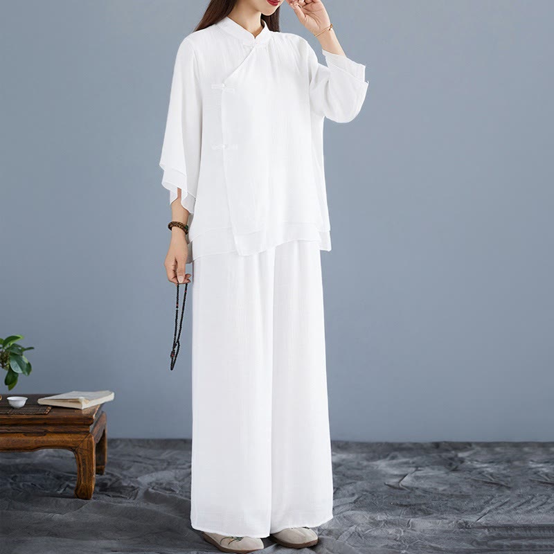 Conjunto de 2 piezas de camisa de manga tres cuartos con botones de rana, pantalones anchos y Buddha Stones para mujer, ropa zen de meditación, color blanco liso - image 1
