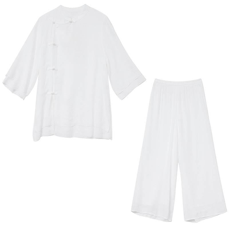 Conjunto de 2 piezas de camisa de manga tres cuartos con botones de rana, pantalones anchos y Buddha Stones para mujer, ropa zen de meditación, color blanco liso - image 15
