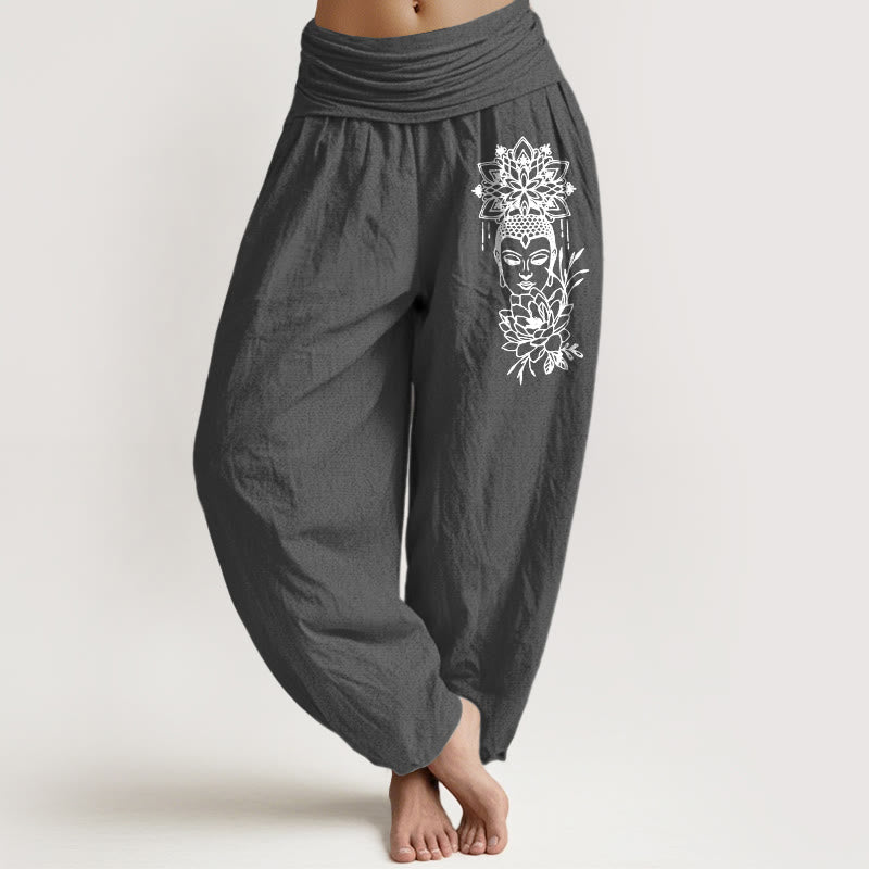 Pantalones Buddha Stones de algodón puro con imagen de Buda y estampado de loto para mujer, cintura elástica - Gris oscuro - US16，UK/AU20，EU48 (3XL) - image 8
