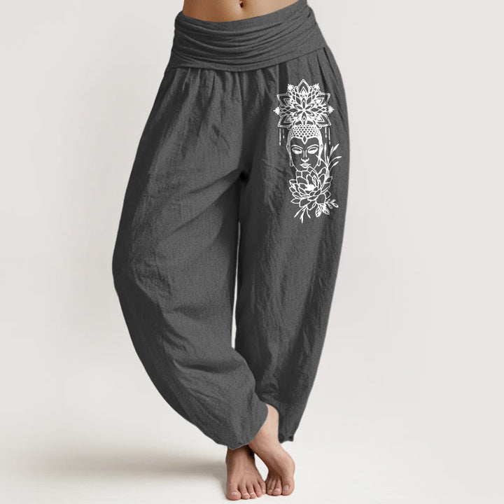 Pantalones Buddha Stones de algodón puro con imagen de Buda y estampado de loto para mujer, cintura elástica - Gris oscuro - US16，UK/AU20，EU48 (3XL) - image 8
