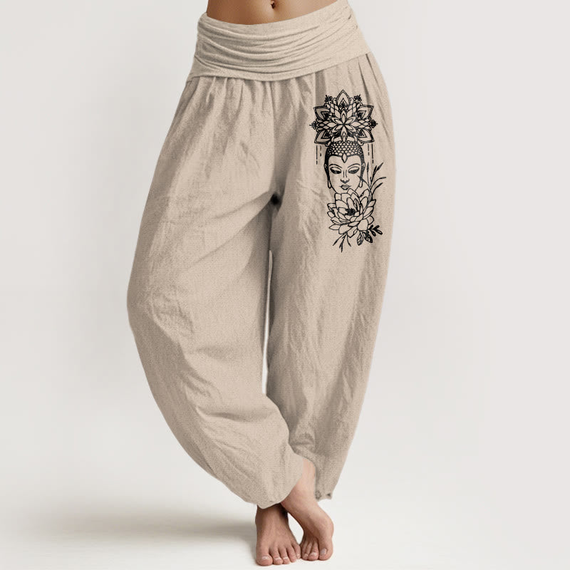 Pantalones Buddha Stones de algodón puro con imagen de Buda y estampado de loto para mujer, cintura elástica - Broncearse - US16，UK/AU20，EU48 (3XL) - image 11