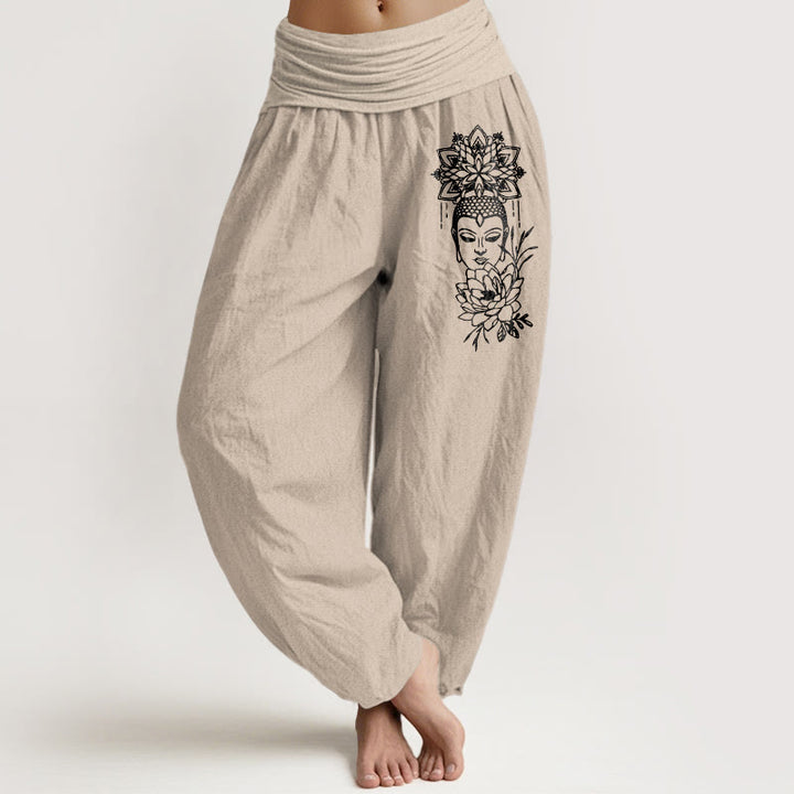 Pantalones Buddha Stones de algodón puro con imagen de Buda y estampado de loto para mujer, cintura elástica - Broncearse - US16，UK/AU20，EU48 (3XL) - image 11