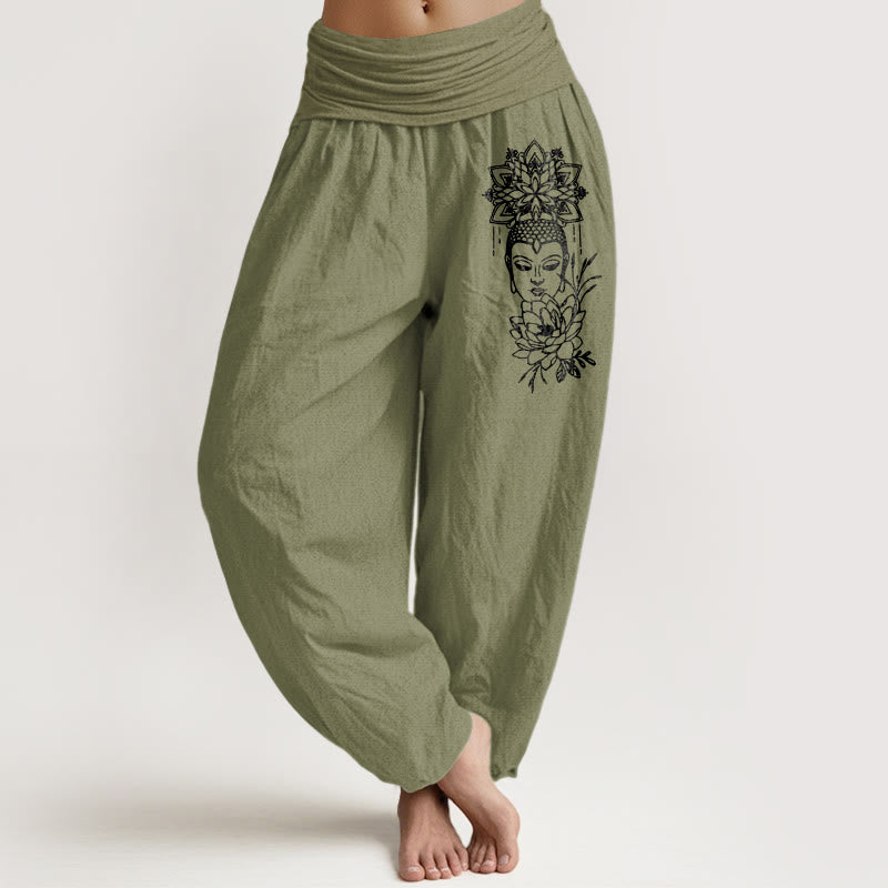 Pantalones Buddha Stones de algodón puro con imagen de Buda y estampado de loto para mujer, cintura elástica - Verde oliva - US16，UK/AU20，EU48 (3XL) - image 14