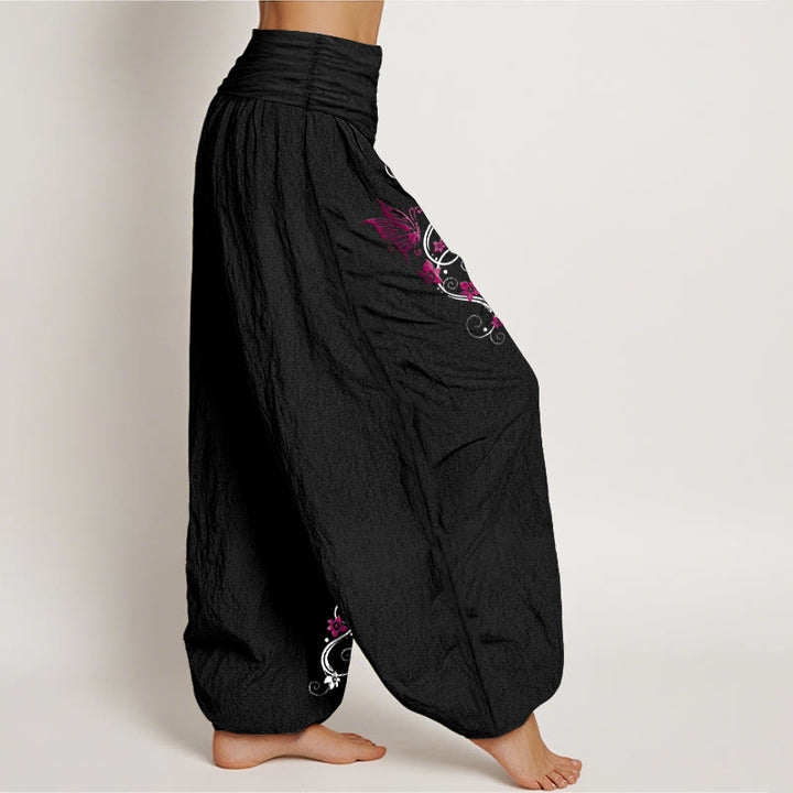 Pantalones Buddha Stones de algodón puro con estampado de mariposas y flores de colores suaves para mujer, con cintura elástica - image 2
