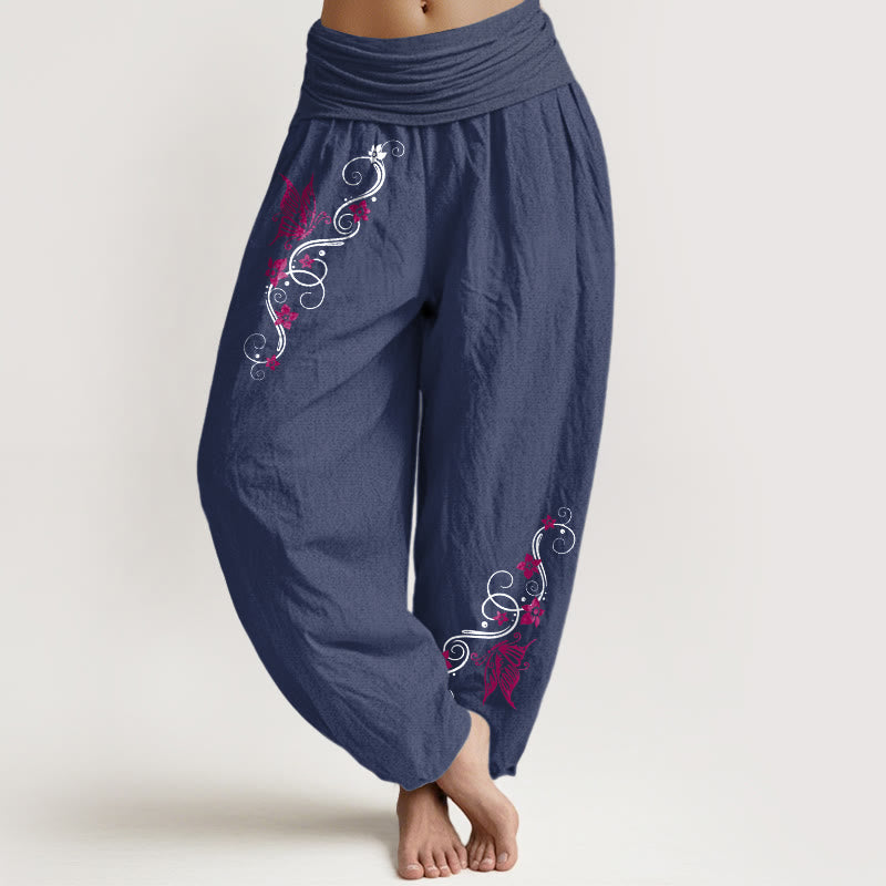 Pantalones Buddha Stones de algodón puro con estampado de mariposas y flores de colores suaves para mujer, con cintura elástica - Azul pizarra oscuro - US16，UK/AU20，EU48 (3XL) - image 5