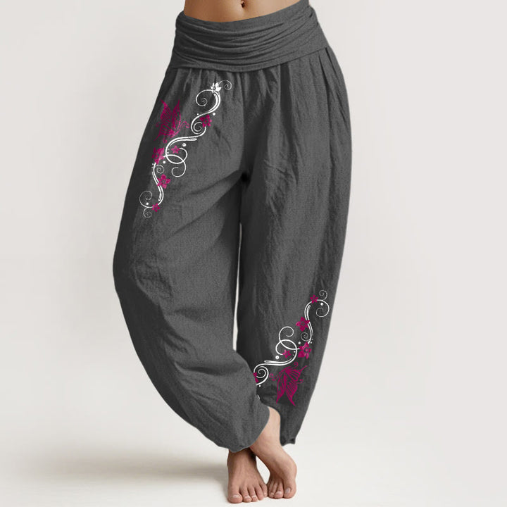 Pantalones Buddha Stones de algodón puro con estampado de mariposas y flores de colores suaves para mujer, con cintura elástica - Gris oscuro - US16，UK/AU20，EU48 (3XL) - image 8