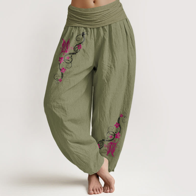 Pantalones Buddha Stones de algodón puro con estampado de mariposas y flores de colores suaves para mujer, con cintura elástica - Verde oliva - US16，UK/AU20，EU48 (3XL) - image 14
