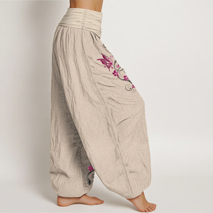 Pantalones Buddha Stones de algodón puro con estampado de mariposas y flores de colores suaves para mujer, con cintura elástica - image 13