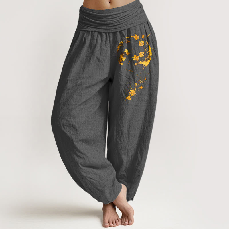 Pantalones Buddha Stones de algodón puro con estampado de flores de luna y enredadera de colores brillantes para mujer, con cintura elástica - Gris oscuro - US16，UK/AU20，EU48 (3XL) - image 8