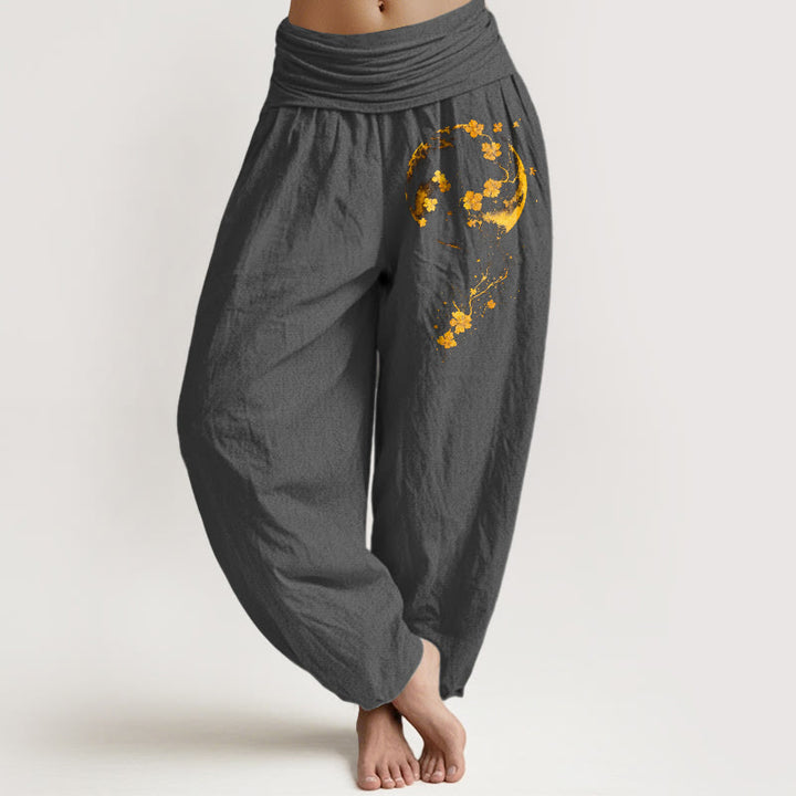 Pantalones Buddha Stones de algodón puro con estampado de flores de luna y enredadera de colores brillantes para mujer, con cintura elástica - Gris oscuro - US16，UK/AU20，EU48 (3XL) - image 8
