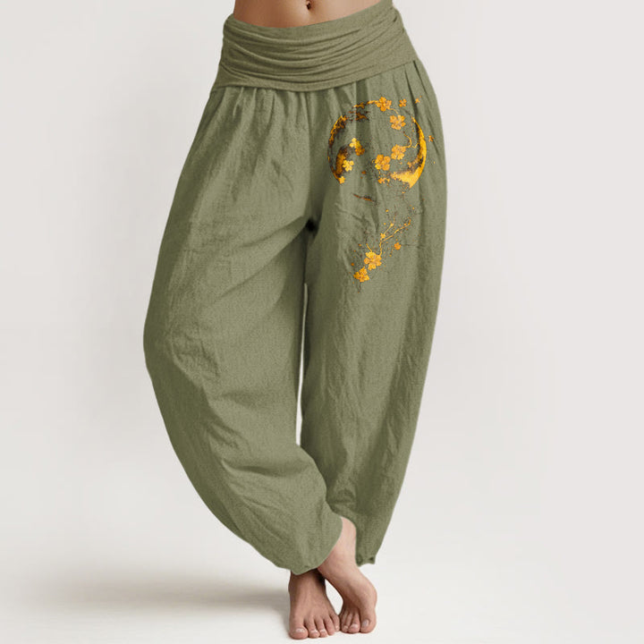 Pantalones Buddha Stones de algodón puro con estampado de flores de luna y enredadera de colores brillantes para mujer, con cintura elástica - Verde oliva - US16，UK/AU20，EU48 (3XL) - image 14