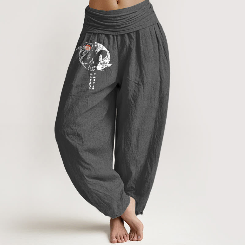 Pantalones harén de algodón puro con estampado de peces koi y Buddha Stones para mujer, cintura elástica - Gris oscuro - US16，UK/AU20，EU48 (3XL) - image 0