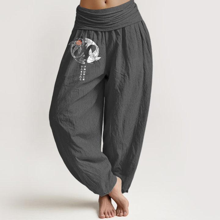 Pantalones harén de algodón puro con estampado de peces koi y Buddha Stones para mujer, cintura elástica - Gris oscuro - US16，UK/AU20，EU48 (3XL) - image 0