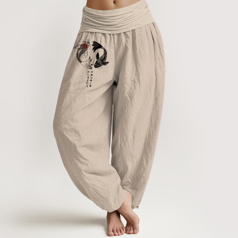 Pantalones harén de algodón puro con estampado de peces koi y Buddha Stones para mujer, cintura elástica - Broncearse - US16，UK/AU20，EU48 (3XL) - image 11