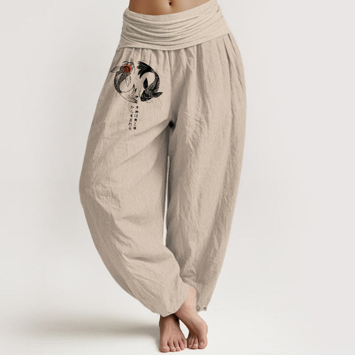 Pantalones harén de algodón puro con estampado de peces koi y Buddha Stones para mujer, cintura elástica - Broncearse - US16，UK/AU20，EU48 (3XL) - image 11