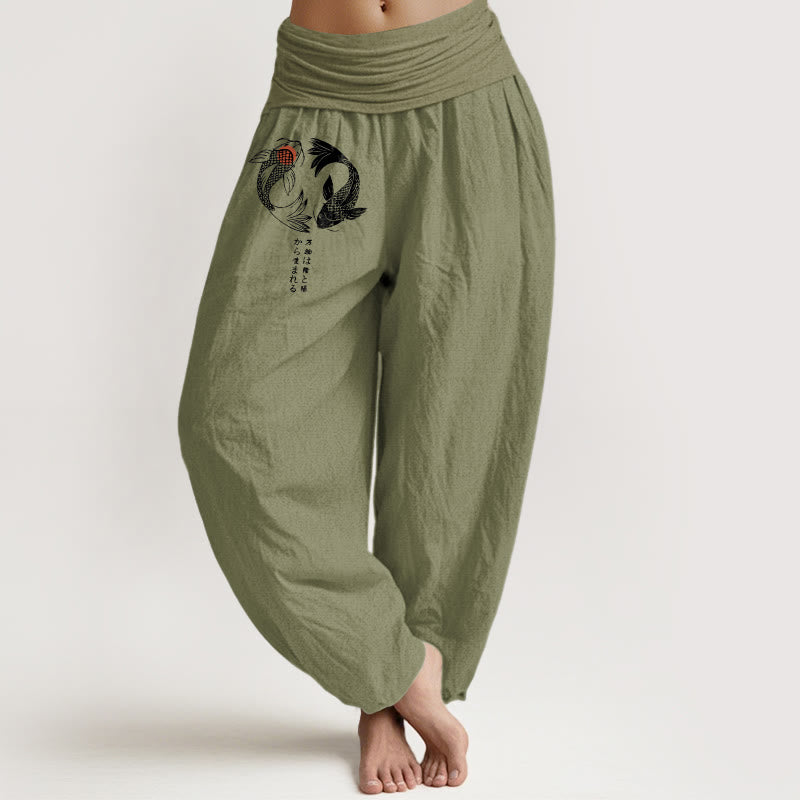 Pantalones harén de algodón puro con estampado de peces koi y Buddha Stones para mujer, cintura elástica - Verde oliva - US16，UK/AU20，EU48 (3XL) - image 14