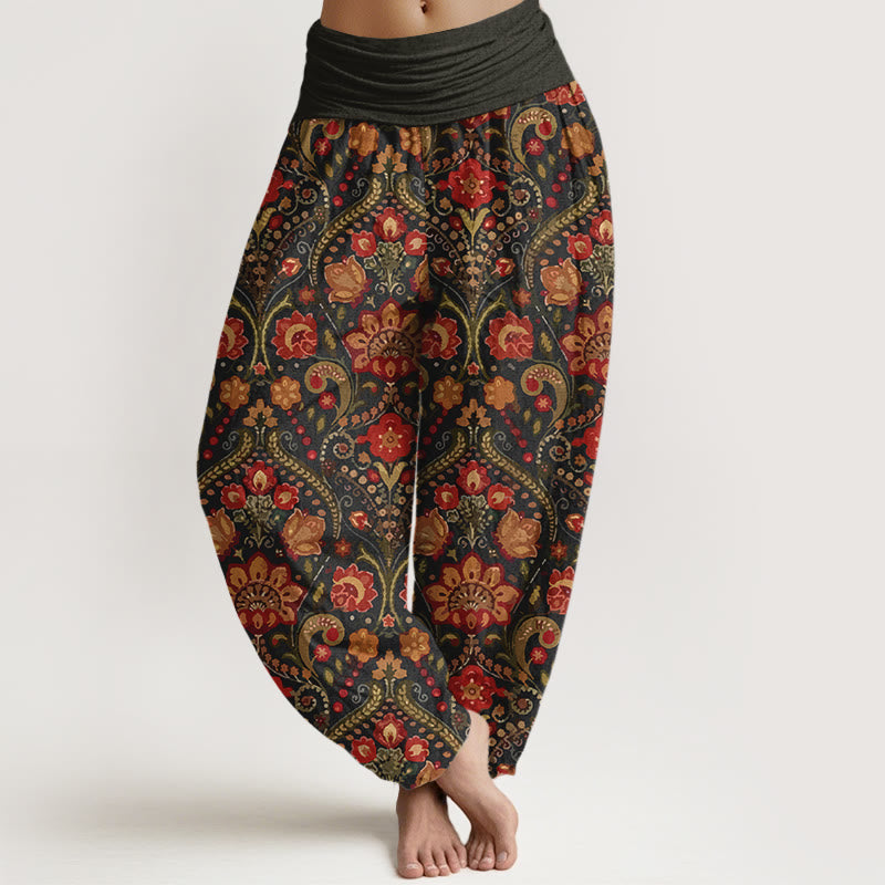 Pantalones Buddha Stones de algodón con estampado de hojas y flores de colores para mujer, cintura elástica - Negro - US16，UK/AU20，EU48 (3XL) - image 0