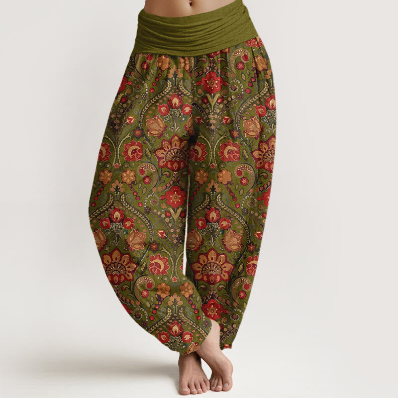 Pantalones Buddha Stones de algodón con estampado de hojas y flores de colores para mujer, cintura elástica - AmarilloVerde - US16，UK/AU20，EU48 (3XL) - image 5