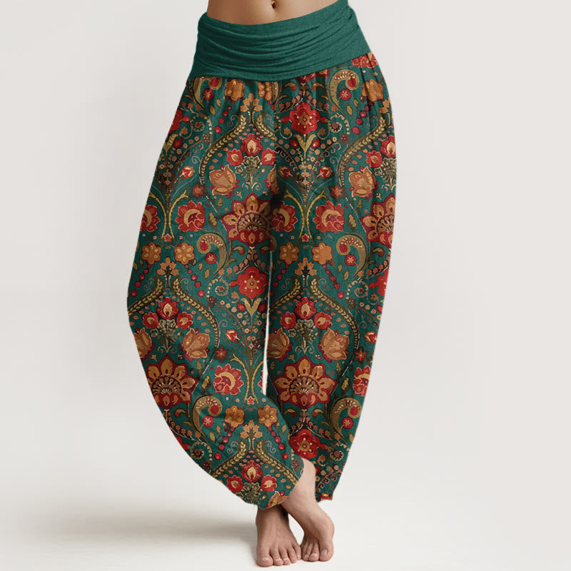 Pantalones Buddha Stones de algodón con estampado de hojas y flores de colores para mujer, cintura elástica - Verde azulado - US16，UK/AU20，EU48 (3XL) - image 8
