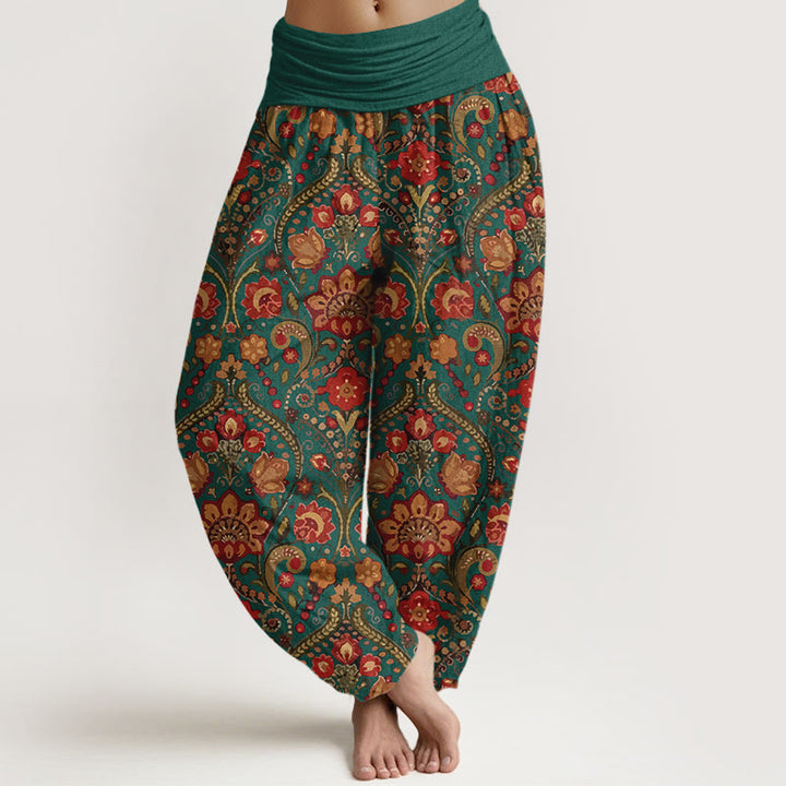 Pantalones Buddha Stones de algodón con estampado de hojas y flores de colores para mujer, cintura elástica - Verde azulado - US16，UK/AU20，EU48 (3XL) - image 8