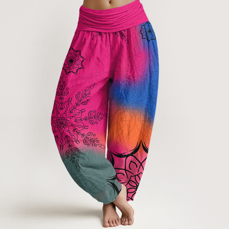 Pantalones harén de algodón con estampado de mandalas de colores brillantes y Buddha Stones para mujer, con cintura elástica - Rosa oscuro - US16，UK/AU20，EU48 (3XL) - image 0
