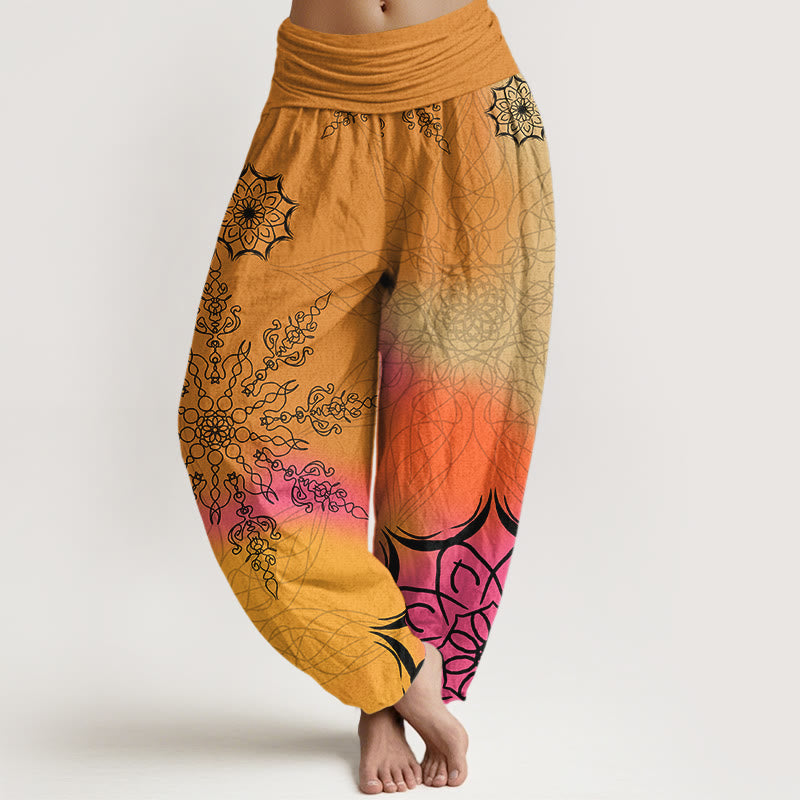 Pantalones harén de algodón con estampado de mandalas de colores brillantes y Buddha Stones para mujer, con cintura elástica - Vara de oro - US16，UK/AU20，EU48 (3XL) - image 5