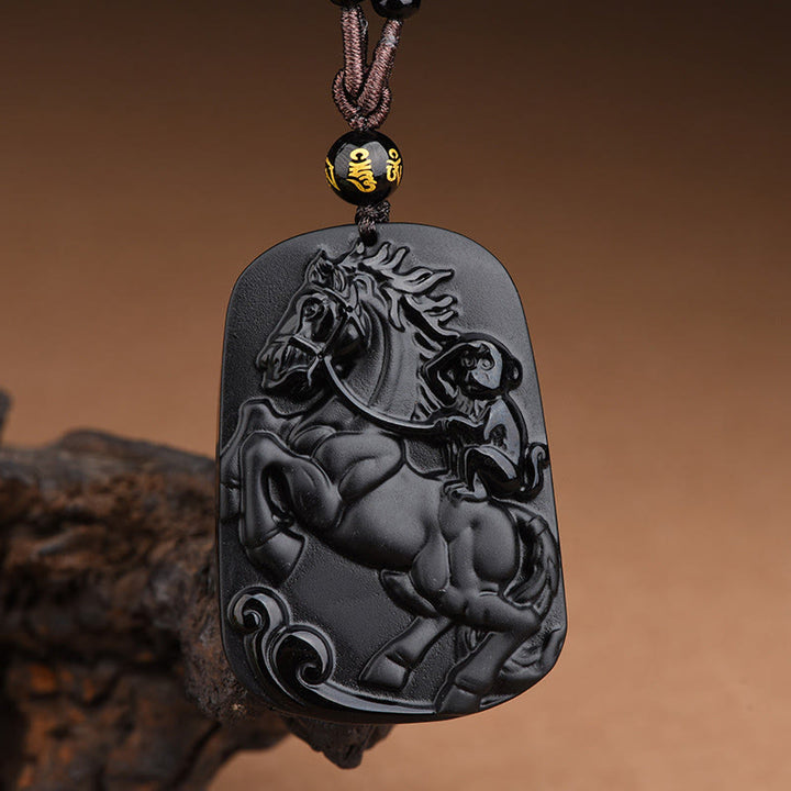 Collar con colgante de purificación de obsidiana negra con diseño de mono y caballo con Buddha Stones - Caballo y mono y seis palabras verdaderas - image 9