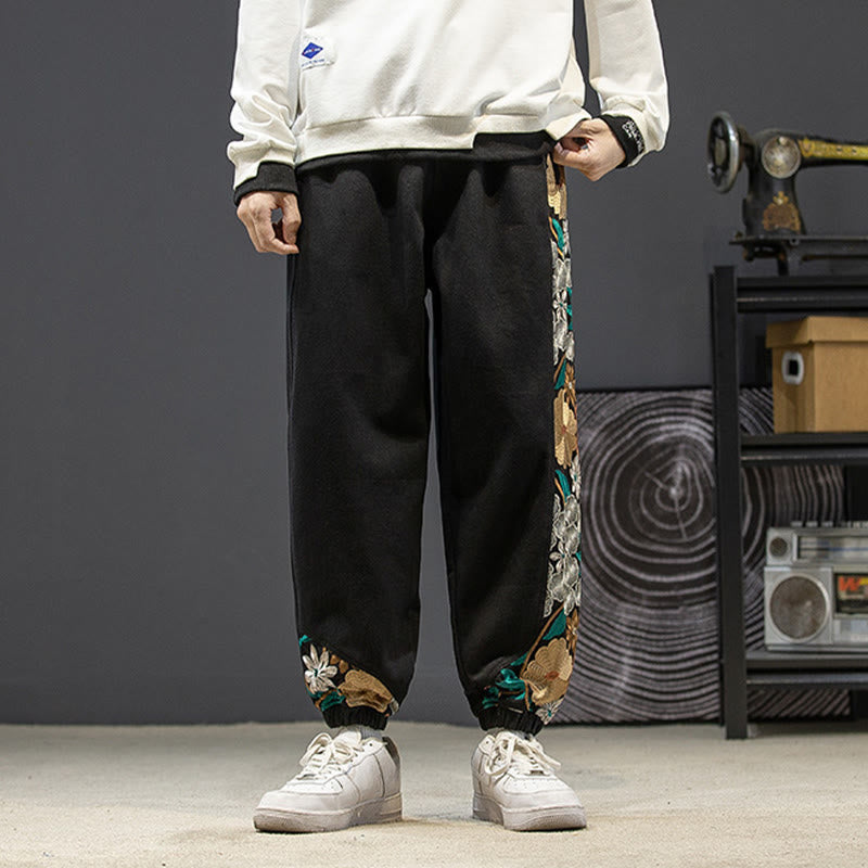 Pantalones de algodón con estampado floral bordado de Buddha Stones Spring para hombre con bolsillos - image 3