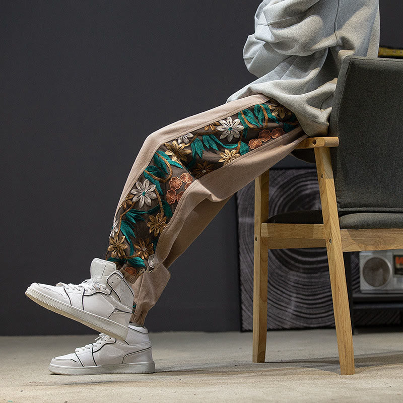 Pantalones de algodón con estampado floral bordado de Buddha Stones Spring para hombre con bolsillos - image 18