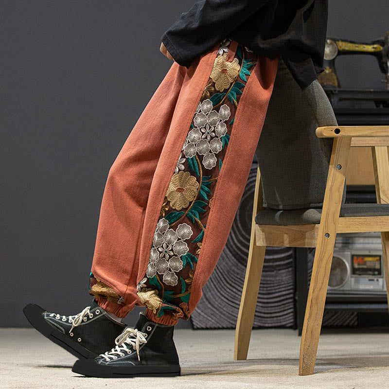 Pantalones de algodón con estampado floral bordado de Buddha Stones Spring para hombre con bolsillos - image 7