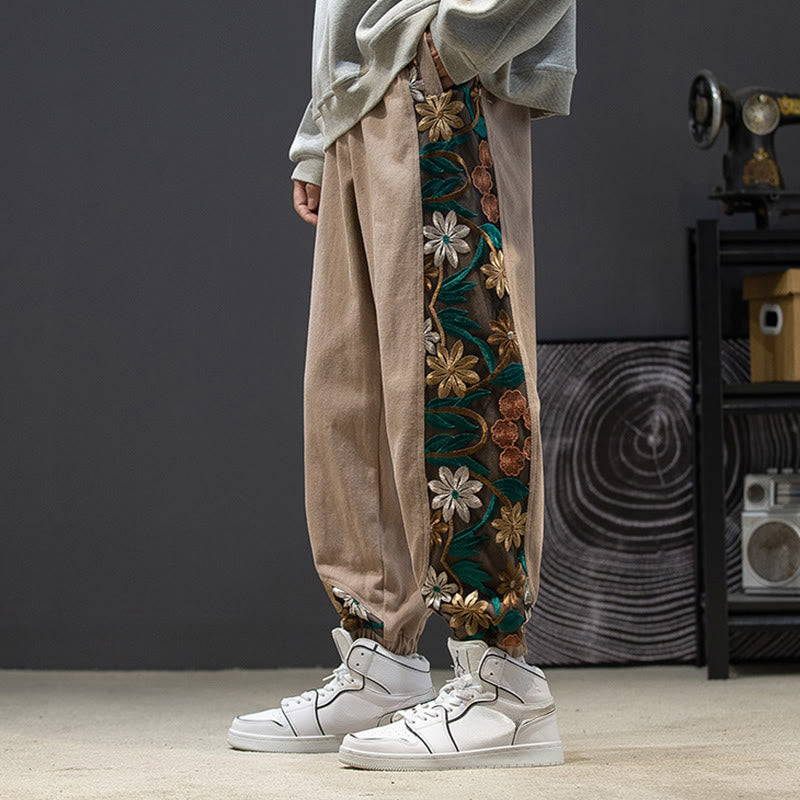 Pantalones de algodón con estampado floral bordado de Buddha Stones Spring para hombre con bolsillos - BurlyWood - US/UK/AU46, EU56 (5XL) - image 14