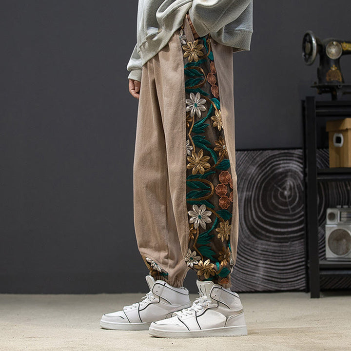 Pantalones de algodón con estampado floral bordado de Buddha Stones Spring para hombre con bolsillos - BurlyWood - US/UK/AU46, EU56 (5XL) - image 14
