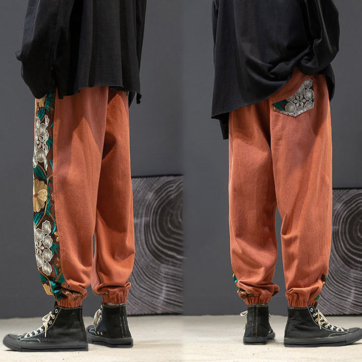 Pantalones de algodón con estampado floral bordado de Buddha Stones Spring para hombre con bolsillos - image 8