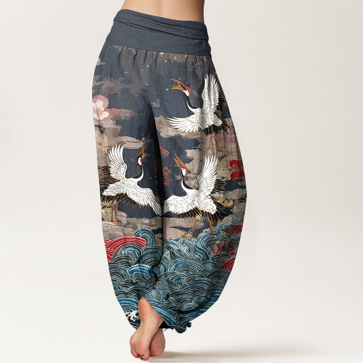 Pantalones Buddha Stones de algodón con estampado clásico de grullas y nubes para mujer, con cintura elástica - image 1