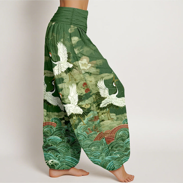 Pantalones Buddha Stones de algodón con estampado clásico de grullas y nubes para mujer, con cintura elástica - image 7