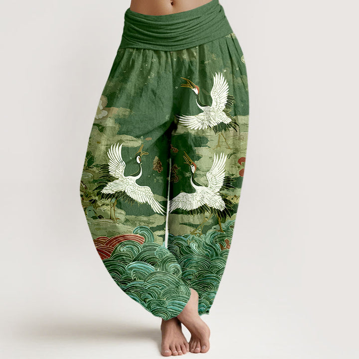 Pantalones Buddha Stones de algodón con estampado clásico de grullas y nubes para mujer, con cintura elástica - Verde - US16，UK/AU20，EU48 (3XL) - image 5
