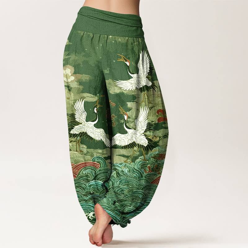 Pantalones Buddha Stones de algodón con estampado clásico de grullas y nubes para mujer, con cintura elástica - image 6