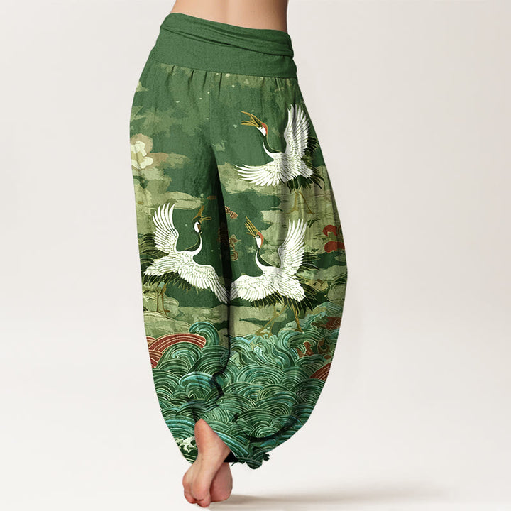 Pantalones Buddha Stones de algodón con estampado clásico de grullas y nubes para mujer, con cintura elástica - image 6