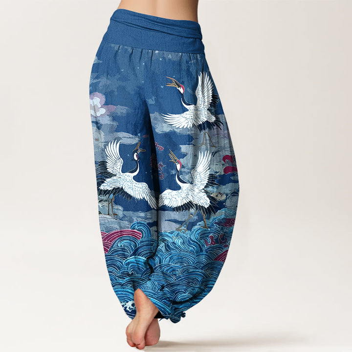 Pantalones Buddha Stones de algodón con estampado clásico de grullas y nubes para mujer, con cintura elástica - image 9