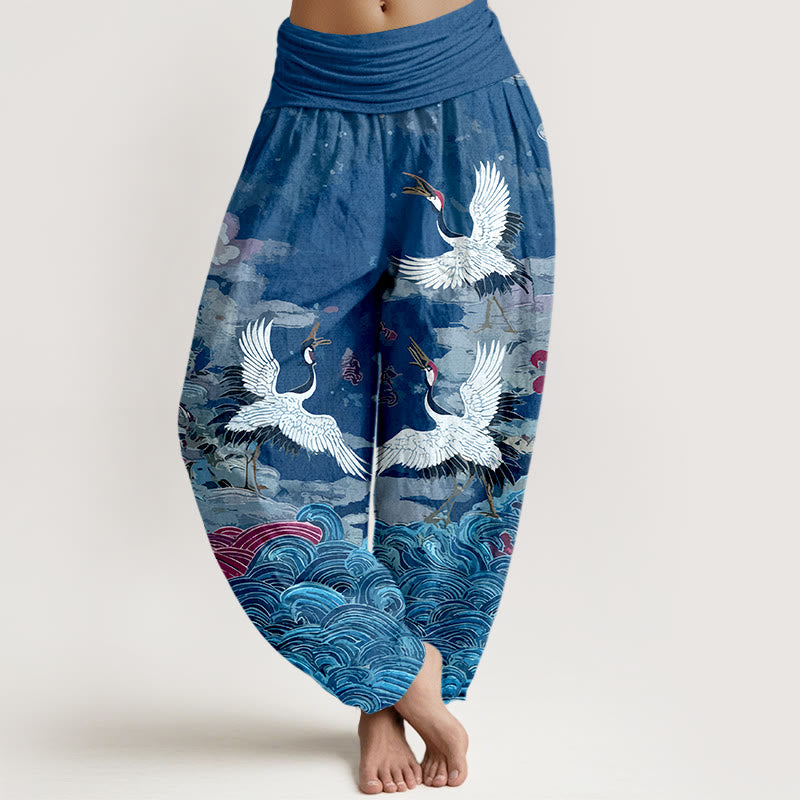 Pantalones Buddha Stones de algodón con estampado clásico de grullas y nubes para mujer, con cintura elástica - Azul real - US16，UK/AU20，EU48 (3XL) - image 8